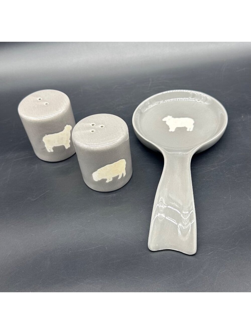 Primitives By Kathy Farmhouse Salt Pepper Shakers Spoon Rest Sheep Gray Ceramic